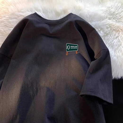 Camiseta de algodón de algodón de algodón de peso pesado de La Hailan para un alumno de moda de algodón corto de verano de verano masculino [6636-Din Road Sign] Grey Dark M 80-110Jin [Jin equivale a 0.5 kg]