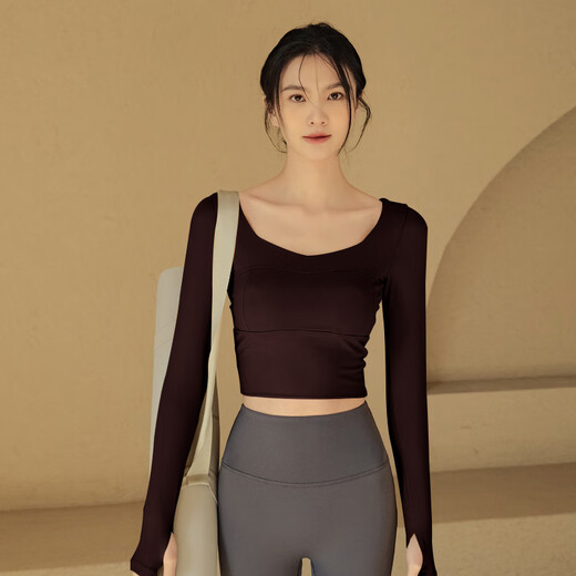 Aisunstyle yoga clothes with chest pads for autumn and winter slimming long-sleeved sports tops for women running Pilates training fitness clothes espresso M