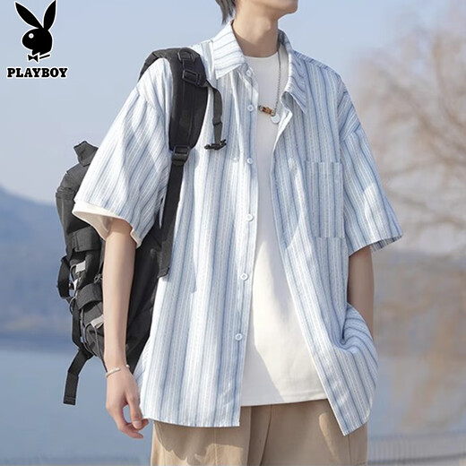 
Playboy (PLAYBOY) short-sleeved shirt for men ice silk casual shirt for men jacket for men summer high-end stripes thin trendy top