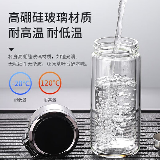 New double-layer insulated glass cup, high temperature resistant tea cup, portable tea and water separation universal mini drinking cup, black mini handle cup, 288ml 1 piece