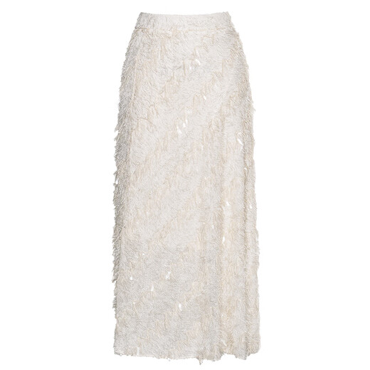 
ROEYSHOUSE high-end and beautiful tassel skirt for women in 2025 autumn new elegant high-waist A-line midi skirt 12604 beige S