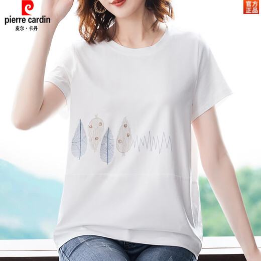 皮尔卡丹（pierre cardin）加肥加大码短袖t恤女士夏薄款棉宽松中年妈妈棉汗衫白色上衣 黑色KSP-9896款 L 适合100-120斤