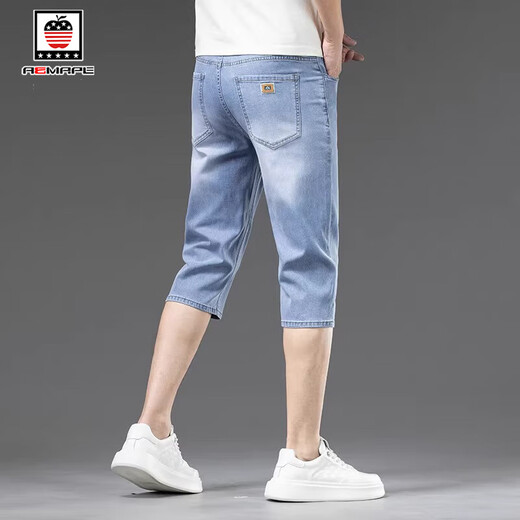 AEMAPE/美国苹果 天丝牛仔裤男2025夏季薄款宽松直筒休闲冰丝七分裤男 757冰灰蓝色 34 【腰围2尺7适合160斤左右】