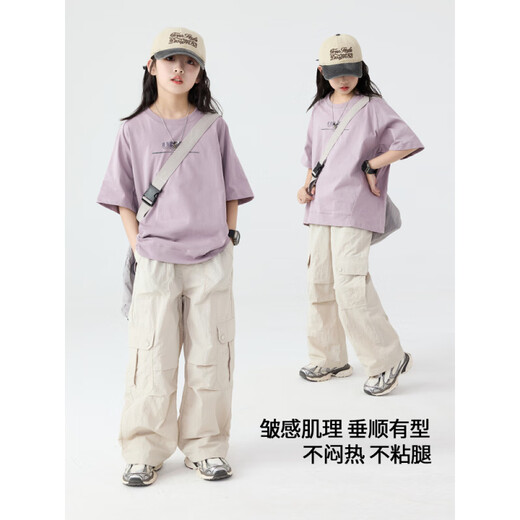 尚然乐（SHNAGRANLE）大女童衣服套装夏季女童儿童2025洋气时髦运动短袖女大童夏装女孩 15265杏色+19150紫色 120 cm