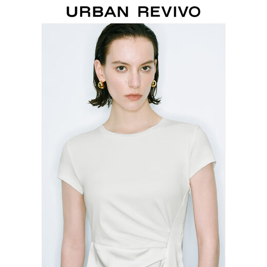 UR [heiß] 2025 Sommer Neues Frauen mit kurzärärmernem Kleid von Falten geschlitzt UWM750078 Elfenbeinweiß S