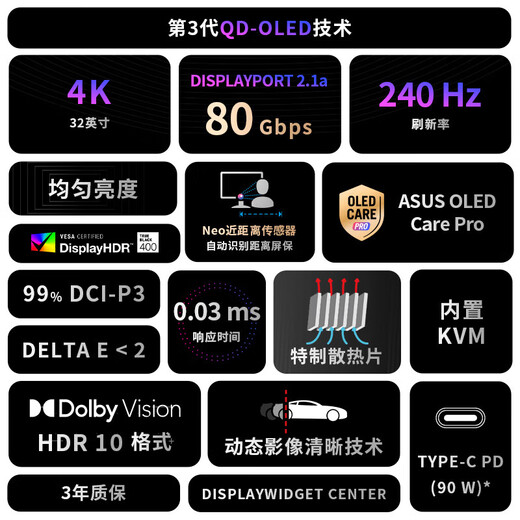 ASUS ROG Super God 32 OLED 32-inch 4K display 240Hz high brush gaming G-sync compatible 0.03ms response DP2.1 Dolby Vision Type-C90W PG32UCDMR 4K240Hz DP2.1