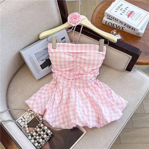 Banfishi sweet pink plaid tube top for women's summer outer wear three-dimensional flower ribbon halter neck wrapped chest skirt small top pink L