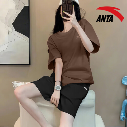 安踏（ANTA）运动套装女款宽松透气短袖短裤速干五分裤多巴胺T恤休闲显瘦 -7原木色/基础黑 M/170 适合100-120斤