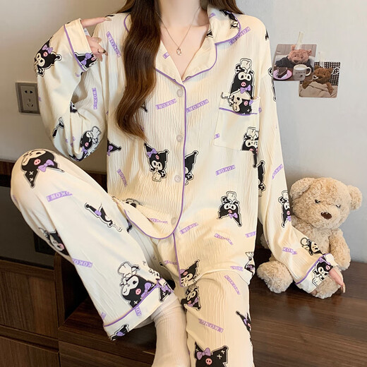 Pajamas for women's cartoon thin long sleeve spring and autumn wrinkled cloth new style for outdoor wear and clothing set wholesale set KK3523 M [recommended 80-100Jin [Jin equals 0.5 kg]]