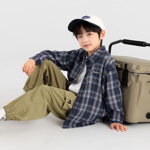 Duojia salt-style literary style boys' shirts 2025 autumn handsome and refreshing small blue checkered long-sleeved children's cotton tops blue checkered 130