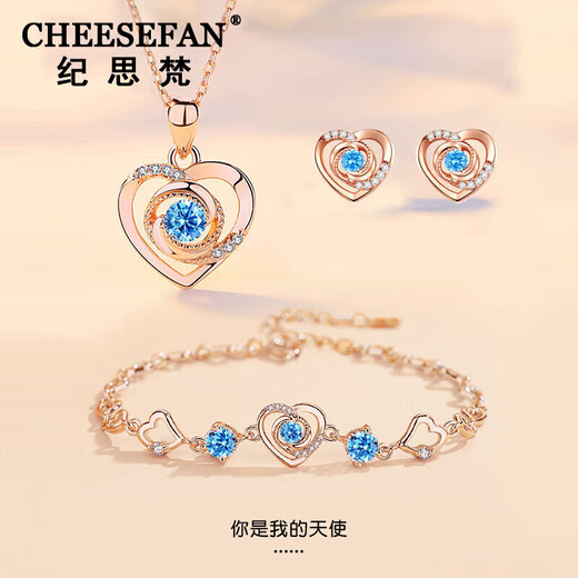 Ji Sifan Light Luxury 18K Color Gold Clavicle Chain Women's Valentine's Day Birthday Gift for Girlfriend and Wife Eternal Heart Rose Gold Topaz Sapphire