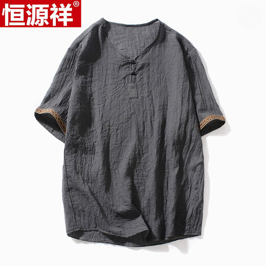 恒源祥唐装男短袖男夏季薄款青年中国风复古盘扣半截袖T恤中式古风男装 686灰色 M 【参考85-100斤】