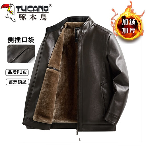 Woodpecker winter leather jacket men's velvet thickened leather jacket coat high-end middle-aged dad casual leather jacket elderly warm clothes 2315 black velvet thickened XL (180) recommended 121-135Jin Jin equals 0.5 kg