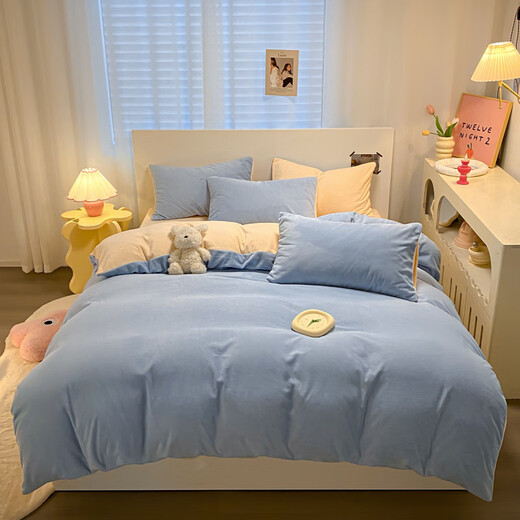 Antarctic winter milk velvet quilt cover single piece thickened coral velvet flannel plus velvet single quilt cover 150x200 baby blue + milkshake yellow warm as soon as you sleep warm velvet quilt cover single piece-150x200cm