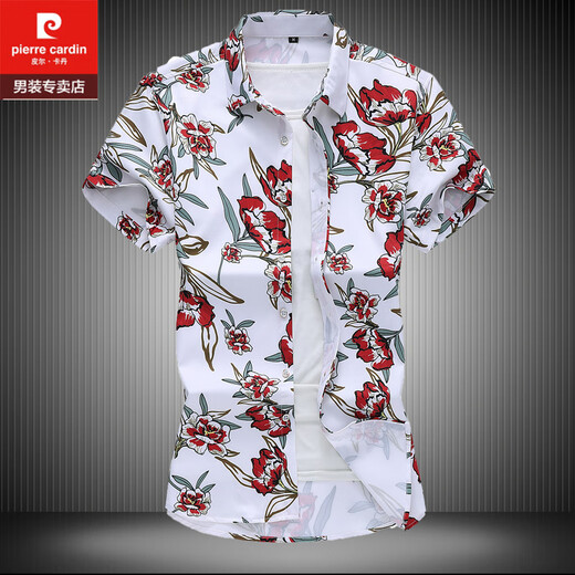 皮尔卡丹（pierre cardin）新款潮流印花男装2025夏季短袖花衬衫男加肥大码衬衣男装青年碎花 7029 M