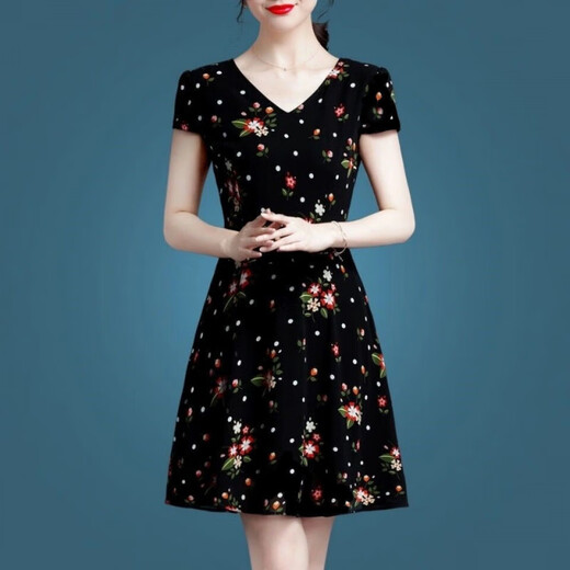 Woodpecker ice silk dress 2025 new high-end women's clothing temperament age-reducing short-sleeved middle-aged mother summer skirt women's summer ice silk 9905 skirt M 100Jin Jin is equal to 0.5 kg within