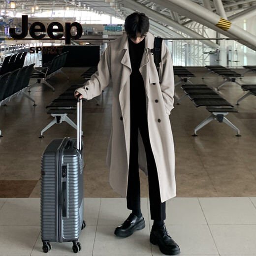 JEEP Spring and Autumn Style Mid-Length Windbreaker Men's Korean Style Loose Trendy Handsome Over-the-Knee Coat Double-Breasted Trench Jacket Black Cotton Thickened M 105-125Jin Jin equals 0.5 kg