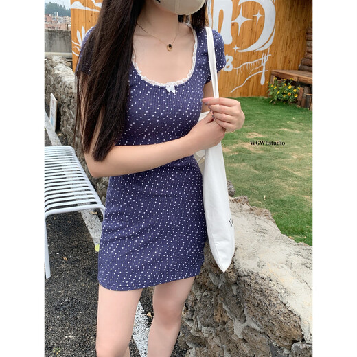 WE French fresh girly lace-up floral round neck short-sleeved dress W5155 GLP blue M