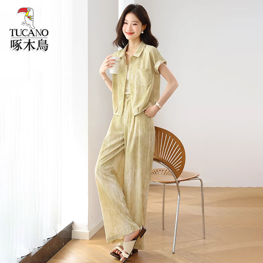 Woodpecker's new summer fashion short-sleeved shirt wide-leg pants two-piece set pink [set] M [Suggested 95-105Jin [Jin equals 0.5 kg]]