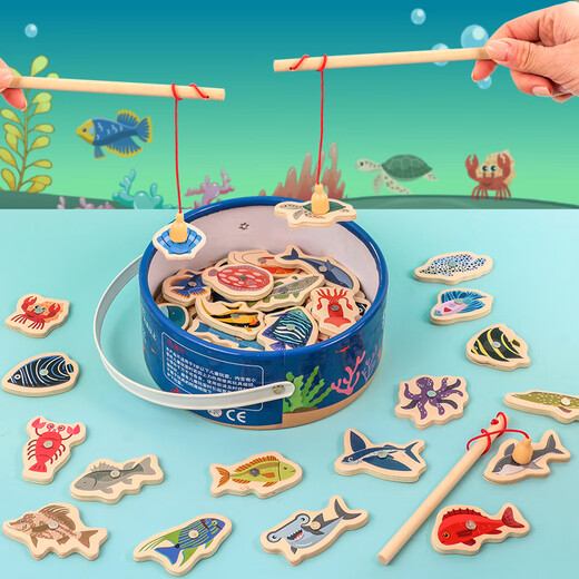 Childlike fishing toys for children, wooden baby magnetic small fish, infant puzzle 1-2 years old, two and a half years old, 3 boys and girls, exquisite flat bucket, 33 fishes + 2 fishing rods + pictures