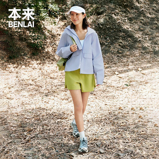 本来BENLAI女士户外连帽夹克女工装口袋运动外套 浅紫蓝 S
