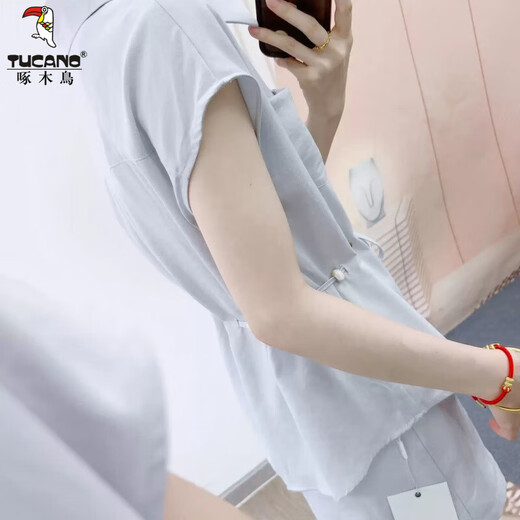 
Woodpecker Fashion Set Women's 2025 Summer Fashion Casual Korean Style Shirt Shorts Two-Piece Pants Set Sky Blue Two-Piece 2XL Recommended 121-135Jin [Jin equals 0.5 kg]