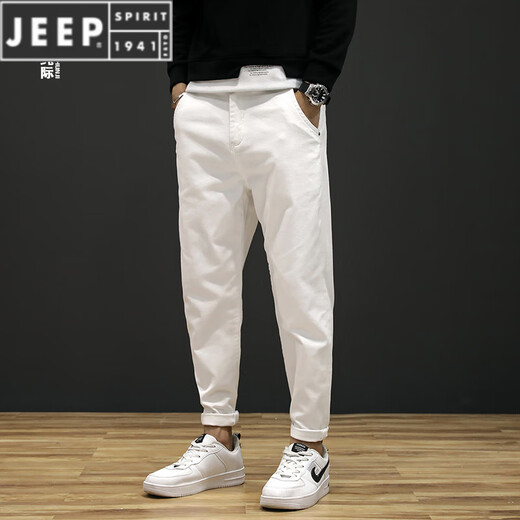JEEP SPIRIT spring white jeans men's trendy brand loose elastic trousers Korean style trendy men's pants Harun casual pants CAY867 white 34 suitable for 165 Jin [Jin equals 0.5 kg]