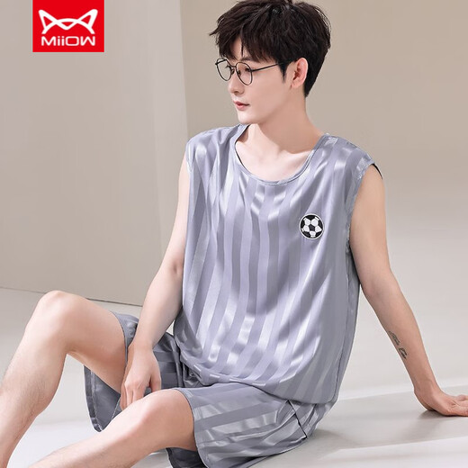 Catman (MiiOW) summer ice silk pajamas for youth thin extra-large size men's vest sleeveless shorts home clothing set 9901 ice silk M men's style 80--100Jin [Jin equals 0.5 kg]