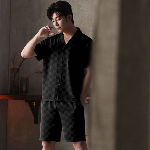 
Langsha pajamas men's ice silk short-sleeved summer thin large-size home clothes can be worn outside in summer cool plaid 2025 new style WR13077 men's L