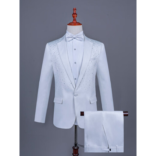 Kuosheng Men's Group Chorus Hot Loose Diamond Black and White Suit Stage Performance Singer Host Anchor Dress Performance Emcee Suit Black White Diamond-Coat + Bow Tie 3XL