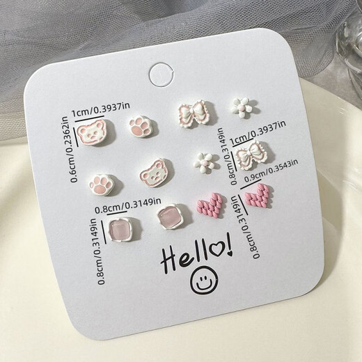 YKINCASL Old Phoenix Cute Animal 9999 Sterling Silver Earrings Anti-fall Student Sweet and Cute Baby Earrings Set Bunny Tulip Set 6 Pairs Lao Fengxiang Same Style