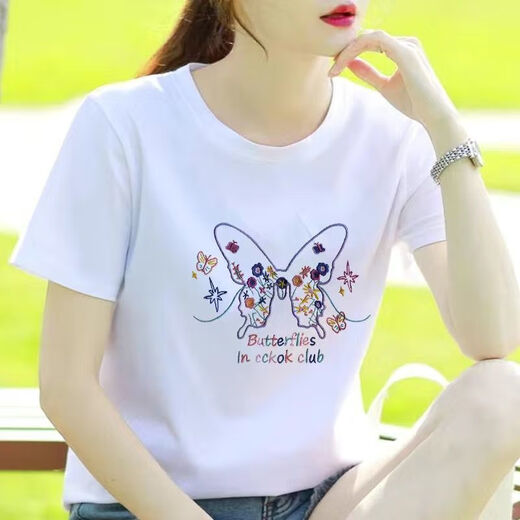 白色夏装短袖t恤女韩版大码时尚百搭上衣学生装打底衫袖宽松女装 1484 M 85-95斤