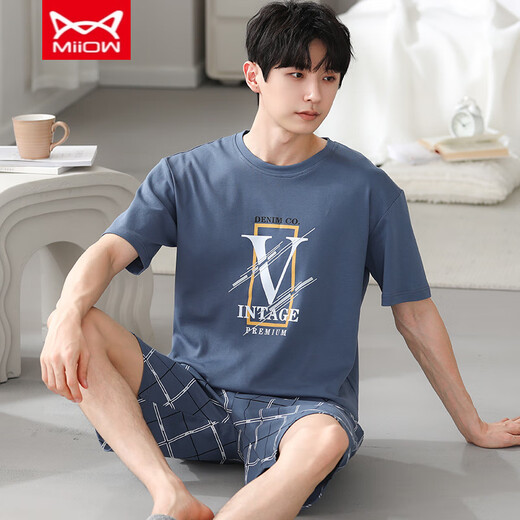 猫人 MIIOW夏季睡衣男士莫代尔薄款短袖短裤休闲加大码两件 YS9712 L 建议-130斤