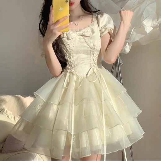 亨美初白色法式连衣裙裙子女夏季2025新款高级感小个子减龄纯欲礼服短裙 蝴蝶结提花仙女感公主蓬蓬裙 L 【建议80-115斤】