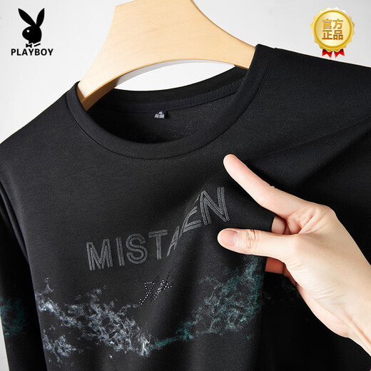 
Playboy (PLAYBOY) high-end plus-weight plus-size round neck long-sleeved T-shirt men's thin autumn trendy fat man loose casual sweatshirt fat man black 9855 XL