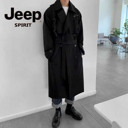 JEEP Spring and Autumn Style Mid-Length Windbreaker Men's Korean Style Loose Trendy Handsome Over-the-Knee Coat Double-Breasted Trench Jacket Black Cotton Thickened M 105-125Jin Jin equals 0.5 kg