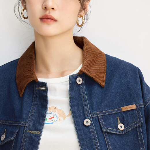 茵曼（INMAN）纯棉撞色翻领牛仔外套女2025秋季时尚复古百搭宽松夹克上衣 深牛仔蓝 M