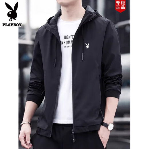 Playboy Spring and Autumn Thin Men's Jacket Coat Casual Sports Suit Outer Men's Baseball Uniform Hooded Autumn and Winter Velvet Jacket #Gray XL Recommended 115-130Jin Jin equals 0.5 kg