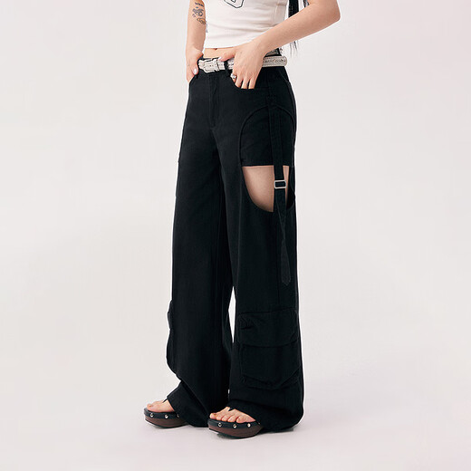 Chuu Hollow Wide-Beine-Freizeithose für Frauen 2025 Sommer Neues Produkt gefälschte zweiteilige Spleißhänge-Hänge-Taschen-Langhose Black 26