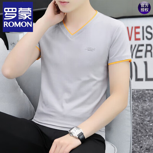 罗蒙（ROMON）青年棉v领半袖t恤男士夏季新款男士新款纯色鸡心领短袖t恤衫帅气 黑色 QY691 4XL 170-185斤