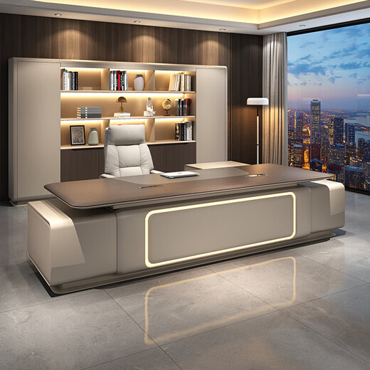 Guan Mu E0 level environmental protection high-end chairman's desk president's desk minimalist boss desk office furniture complete set 2.8 meters table + leather electric chair + 3.6 meters filing cabinet