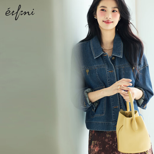 伊芙丽（eifini）蒋欣代言全棉牛仔外套最新秀款洋气短外套女百搭2025秋季新款 深蓝 S