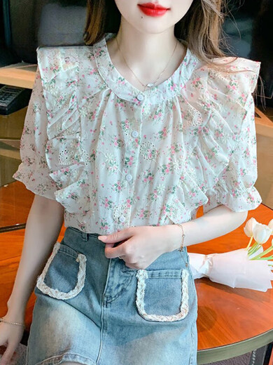 拉夏贝尔（La Chapelle）法式碎花雪纺上衣女士短袖衬衫夏季洋气减龄小衫2025新款气质衬衣 花色 L[105-115斤] 均码