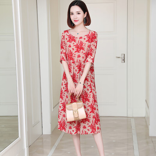 OLJ High-End-Marke Seidenkleid für Frauen 2025 Sommer Neuer Modependler Blumenrunde Hals Maulbeer-Seidenrock Grün L.