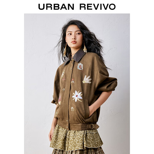 UR [Zhong Chuxi Co-Branded Model] 2025 Herbst Neue Frauen lässige Wildleder-Stickjacke uyl150118 Kaffee Brown s