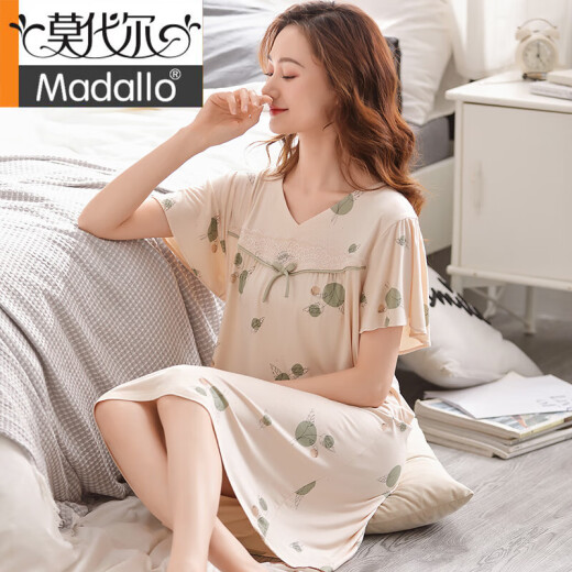 莫代尔大码睡裙女夏季薄款短袖中年妈妈睡衣夏天V领长款居家裙子 Q3527 M