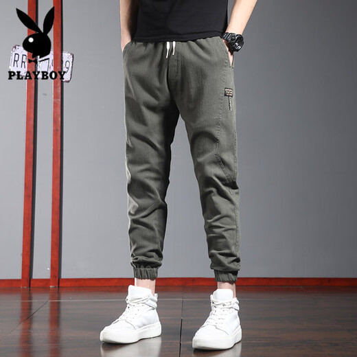 Playboy (PLAYBOY) pantalones casuales finos de verano marca de moda para hombres leggings sueltos pantalones de chándal 2025 nueva ropa de trabajo de verano pantalones harem 9859 verde militar talla M 28-29