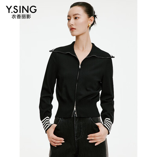 衣香丽影黑色条纹撞色翻领针织衫毛衣女2024年秋装新款双拉链上衣 黑色 S