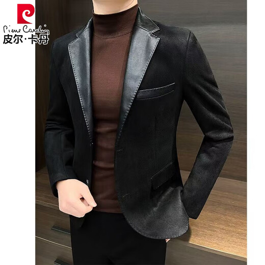Pierre Cardin 2025 deerskin casual men's suit jacket trendy autumn and winter Hong Kong style handsome new high-end splicing suit Khaki XL
