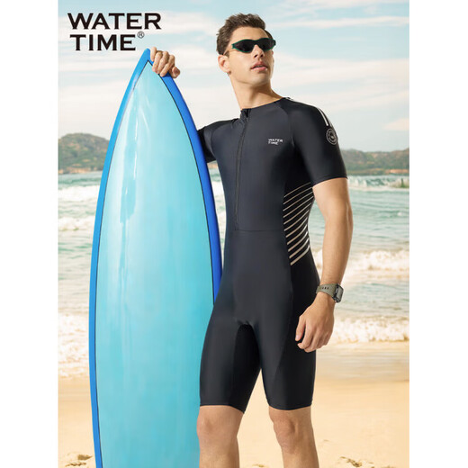 WATERTIME men's swimsuit and trunks one-piece short-sleeved wetsuit men's swimsuit black silver X M